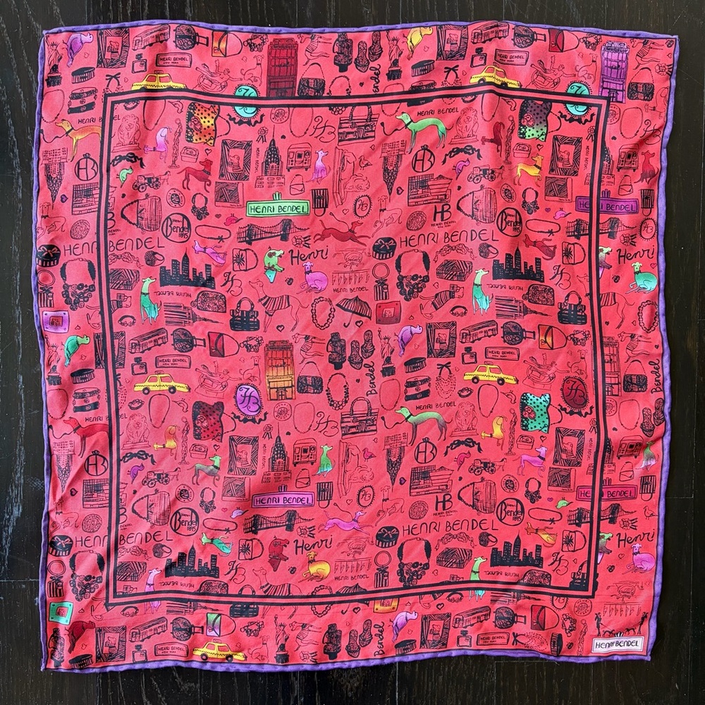Henri Bendel New York illustrated red silk Graphic Scarf
